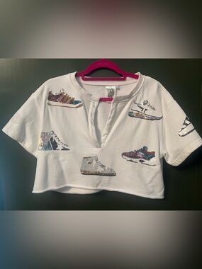 Queen of Sparkles White Sequin Sneaker Graphic Cropped Sweatshirt